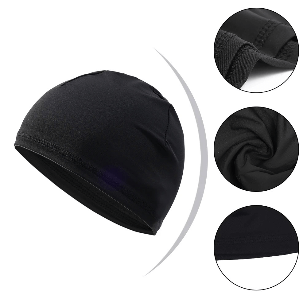 Black unisex lightweight quick-dry sports skull cap with detail views, ideal for runners and cyclists, featuring anti-UV properties.